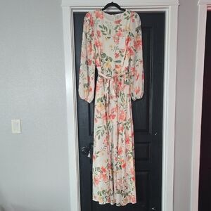 Yumi Kim Champagne & Strawberry Floral Blouson Sleeve Maxi Dress Size Medium